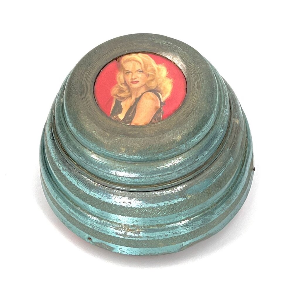 Vtg Blue Metallic Vanity Music Powder Puff Box w Pin-Up Girl Portrait Wood Feet